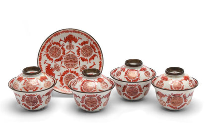19th Century Chinese Porcelain Tea Set with Copper Red Ground & Brass Tray