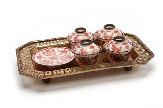 19th Century Chinese Porcelain Tea Set with Copper Red Ground & Brass Tray