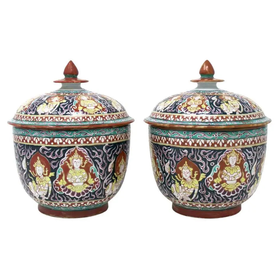 Pair of Antique Thai Benjarong Jars, 19th century