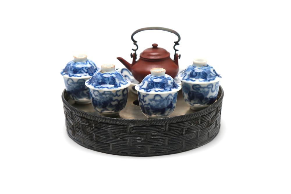 19th Century Chinese Blue & White Miniature Tea Set with Buddhist Lions & Tray