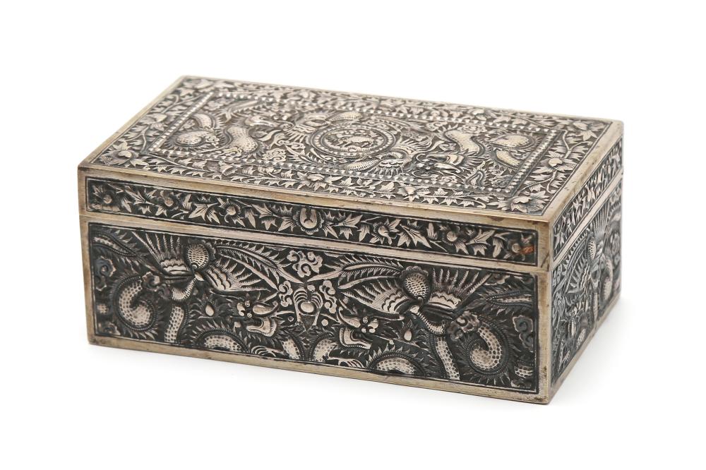 Chinese Repoussé Silver Box with Phoenix and Dragon Motif