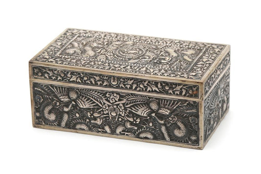 Chinese Repoussé Silver Box with Phoenix and Dragon Motif